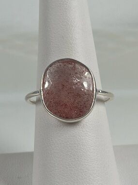 Solid Sterling Silver 925 Strawberry Quartz Gemstone Flat Stacker Ring Size 9